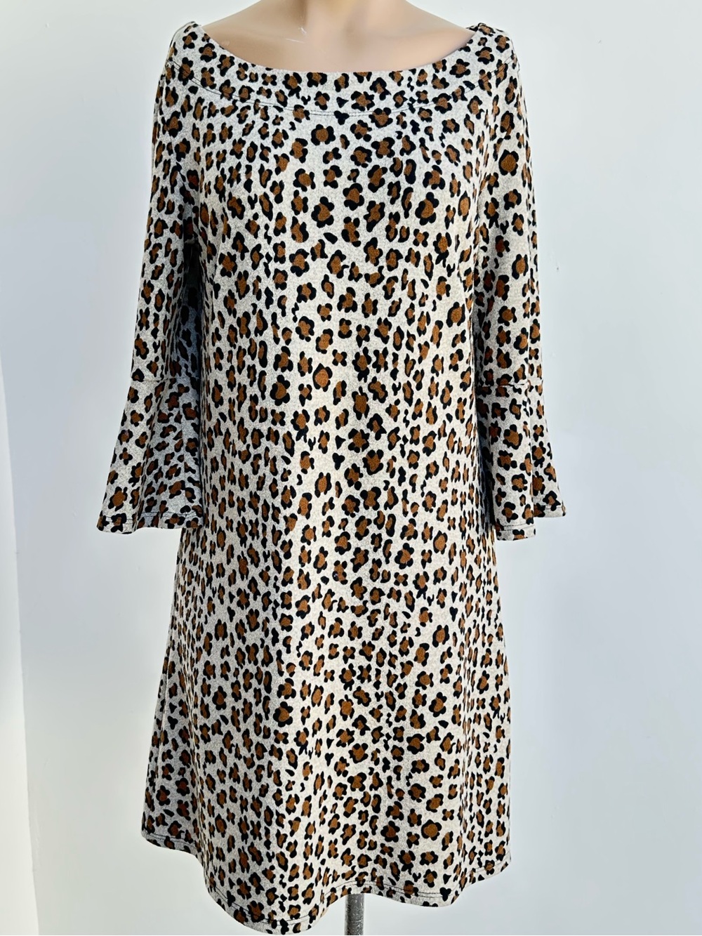 Leopard Animal Print Bell Sleeves Swing Dress Brown Tan Black